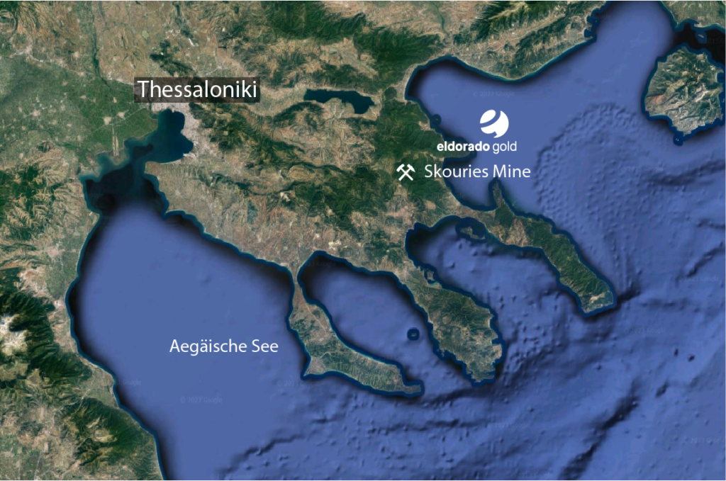 Skouries liegt ca. 1,5 Autostunden von Thessaloniki entfernt Quelle: Earth Resource Investments, Google Maps